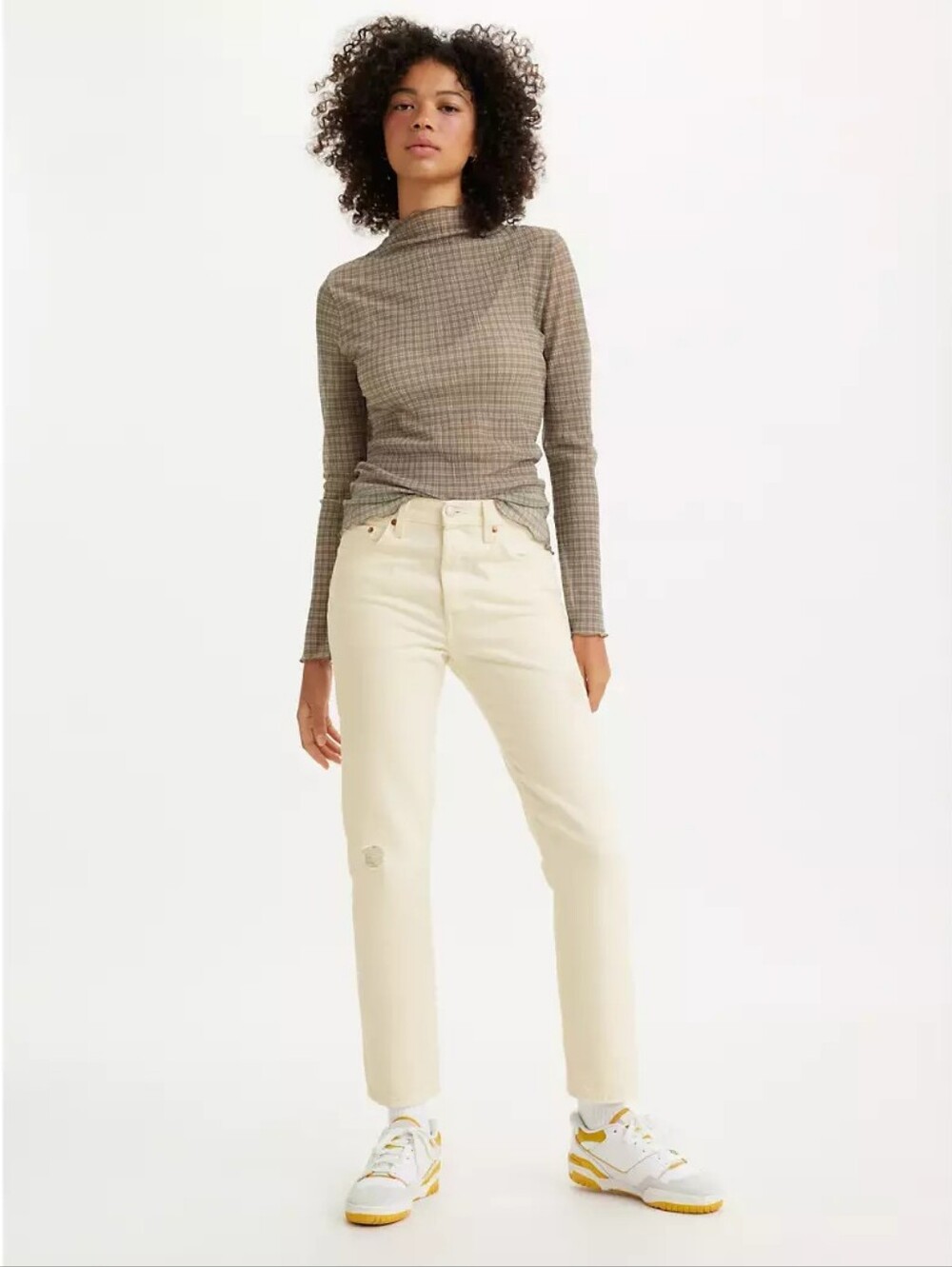 Levi's Ecru light distress 501 original button-fly cropped jeans